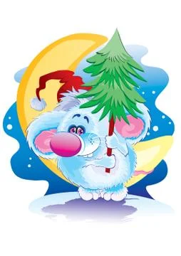 Cute blue mouse in a red cap holds a green nlk in his hands, vector illustrat Illustrazione stock