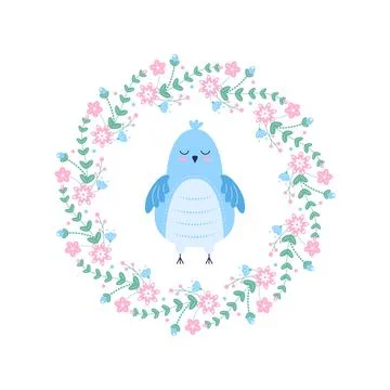 Cute blue newborn chick inside a floral wreath. Stock Illustration