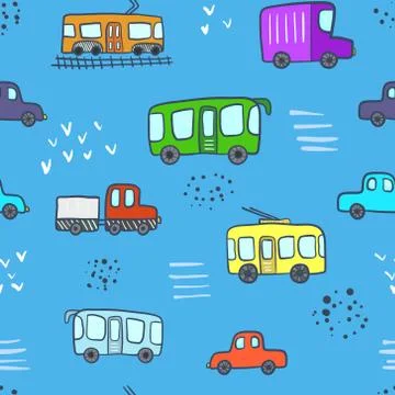 Cute blue pattern with cartoon city transport Stock Illustration