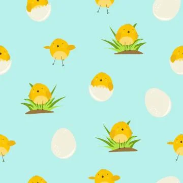 Cute blue pattern with cartoon yellow chickens Stock Illustration