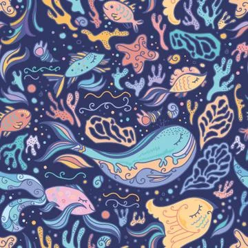 Cute blue pattern with sea animals Stock Illustration