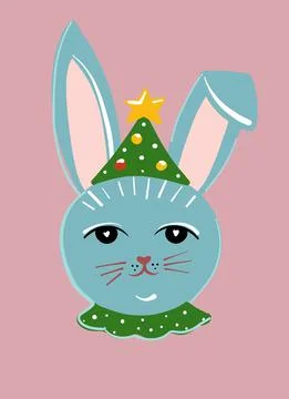 Cute blue rabbit in a festive hat. He s a Christmas tree. The head of a rabbit Stock Illustration