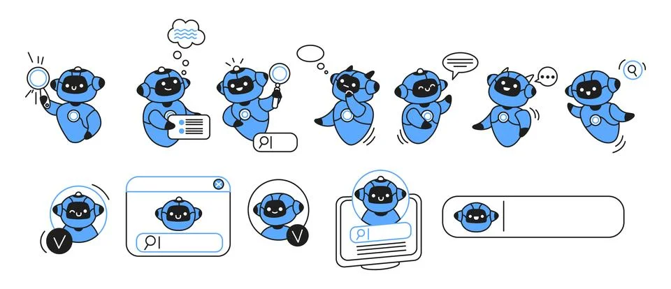 Cute Blue Robot Characters in Various Actions Stock Illustration