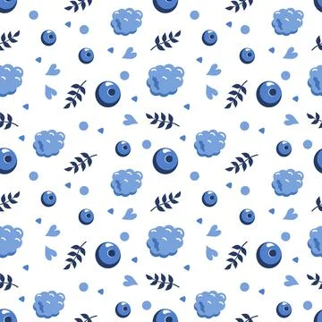 Cute blue seamless pattern with blueberries, raspberries and leaves 스톡 일러스트