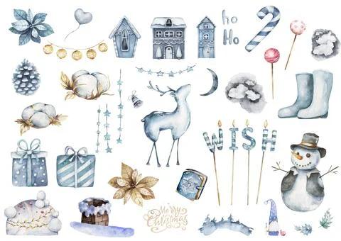 Cute blue set for the New year. A set of isolated objects on a white background Stock Illustration