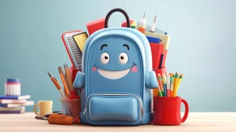 Cute blue smiling backpack with school supplies on blue background. Back to s Stock Illustration