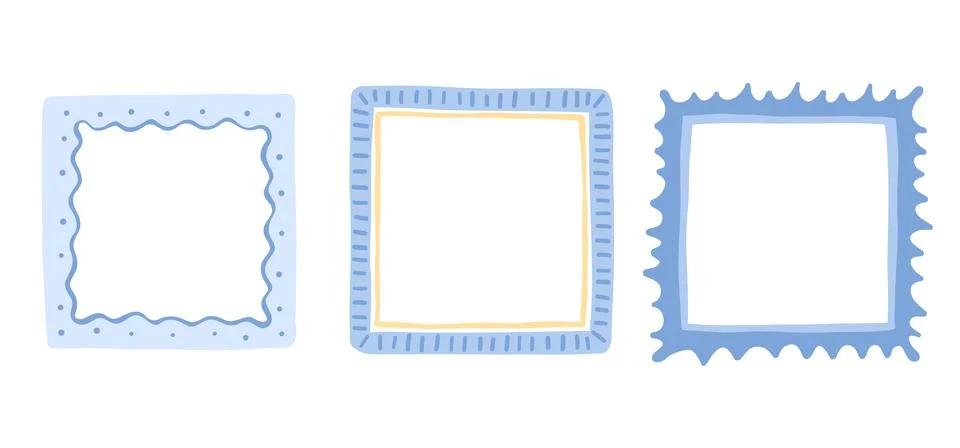 Cute blue square frames. Squiggle photo borders set. Wiggly groovy shapes, .. Stock Illustration