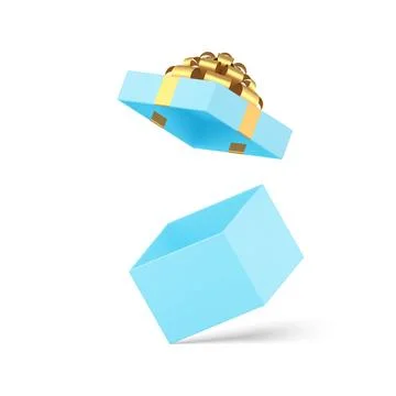 Cute blue squared gift box with open cap and golden bow ribbon 3d icon real.. Stock Illustration
