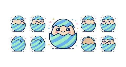 Cute blue striped easter egg character with cute face character celebration 스톡 일러스트