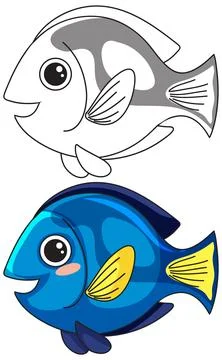 Cute Blue Tang Fish Vector Illustration with Coloring Page Version Stock Illustration