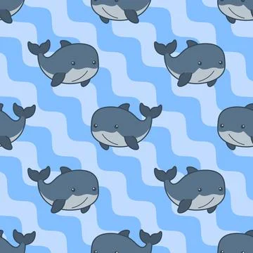 Cute Blue Whale Seamless Pattern with Wavy Background for Textile Designs イラスト素材