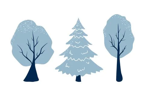 Cute blue winter trees. Vector isolated illustration trees, leaves, fir tree. Stock Illustration