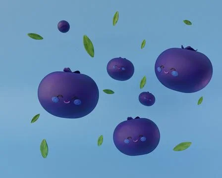 Cute blueberry with faces, cheeks and eyes, 3d render Stock Illustration