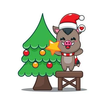 Cute boar decorating the Christmas tree on Christmas day. Cartoon vector il.. Stock Illustration