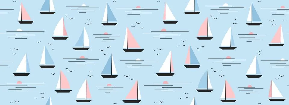 Cute boat seamless pattern. Summer marine repeated background. Blue nautical イラスト素材