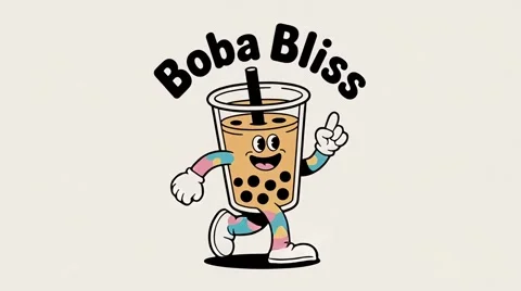 Cute Boba Bliss logo featuring a cartoon character. Stock Footage 315980716