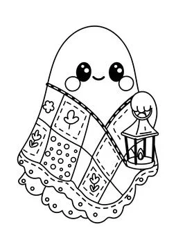 Cute boho ghost with patchwork quilt and lantern coloring page Stock Illustration