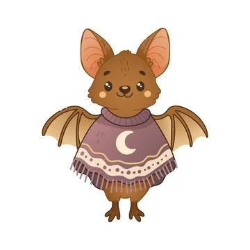Cute boho halloween bat character with poncho and moon Stock Illustration