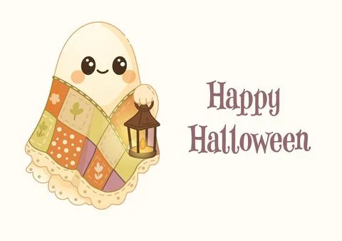 Cute boho halloween ghost with lantern and cozy patchwork blanket Stock Illustration
