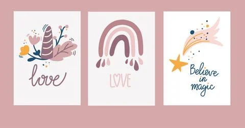 Cute boho postcards. Set of graphics for nursery or kids room poster with rai Stock Illustration