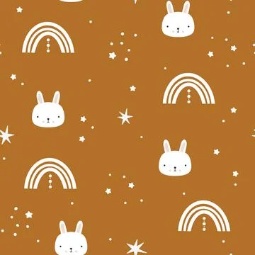 Cute boho rainbow with bunny face seamless pattern. Creative childish print for イラスト素材