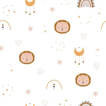 Cute boho rainbow with lion seamless pattern. Creative childish print for fabric Stock Illustration