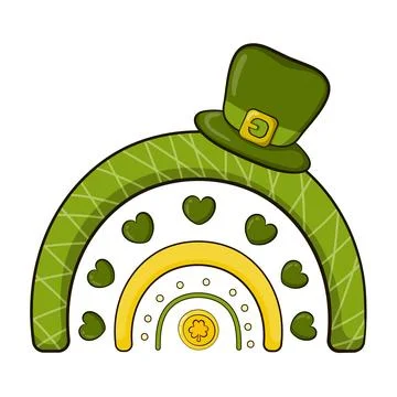 Cute boho style rainbows for St Patricks Day with hearts and leprechaun hat Stock Illustration