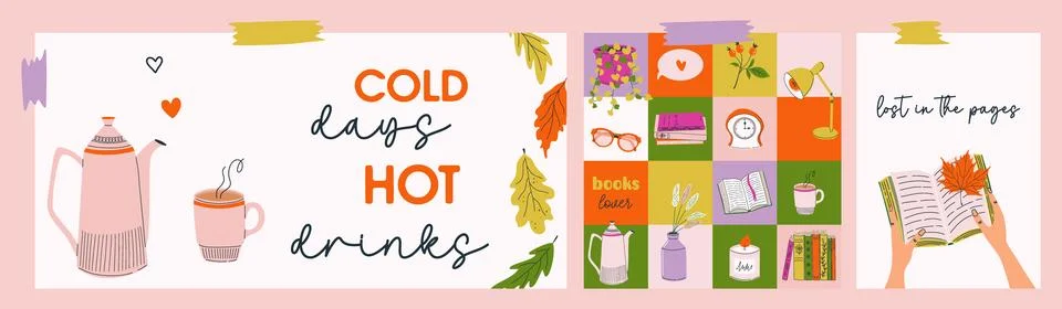 Cute book theme cards set. Cozy reading nook. 스톡 일러스트