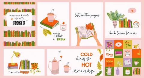 Cute book theme prints set. Cozy reading nook with decorative elements. Illustrazione stock