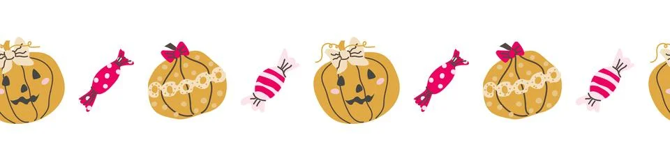 Cute border with pumpkin face and vintage girly elements and candy. Stock Illustration