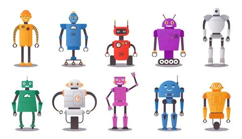 Cute bot. Cartoon human android and robot assistant characters. Funny futuristic Stock Illustration