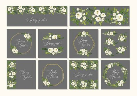 Cute botanical theme set of floral frame background with bouquets Stock Illustration
