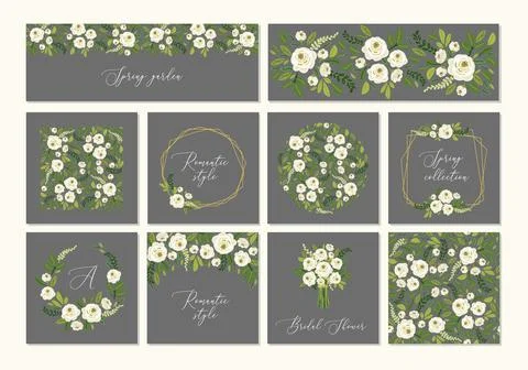 Cute botanical theme set of floral frame background with bouquets Stock Illustration