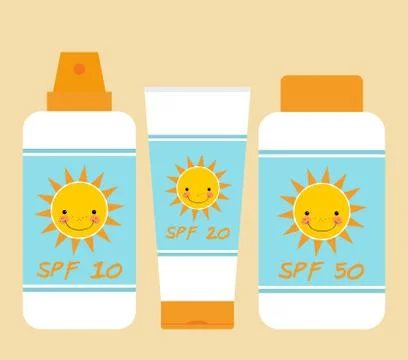 Cute bottles of sunscreen with different SPF. Smiling sun motif Illustrazione stock