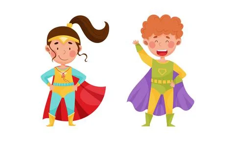 Cute Boy and Girl Wearing Superhero Costume Pretending to Have Super Power Stock Illustration