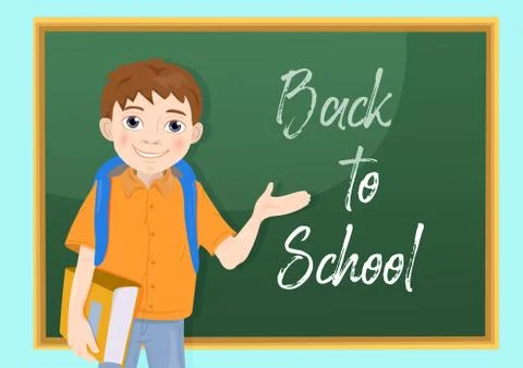 Cute Boy. Back to School isolated cartoon character near blackboard. Stock Illustration
