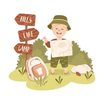 Cute Boy with Backpack and Map Hiking and Trekking Exploring Nature Vector Stock Illustration
