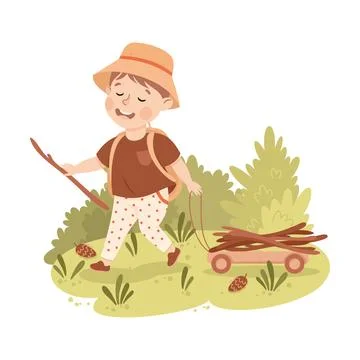 Cute Boy with Backpack Hiking and Trekking Exploring Nature Pulling Trolley with Stock Illustration