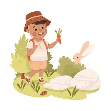 Cute Boy with Backpack Hiking and Feeding Rabbit with Carrot Vector Illustration Illustrazione stock