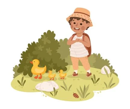 Cute Boy with Backpack Hiking Watching Ducks Vector Illustration Stock Illustration
