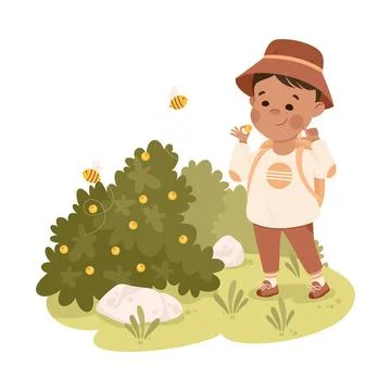 Cute Boy with Backpack Near Bush with Bees Hiking and Trekking Exploring Nature Illustrazione stock