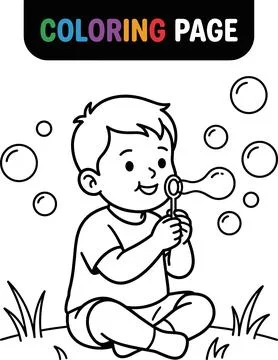 Cute Boy Blowing Bubbles Coloring Page for Kids. Stock Illustration