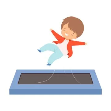Cute Boy Bouncing on a Trampoline, Happy Smiling Kid Trampolining and Having Fun Illustrazione stock