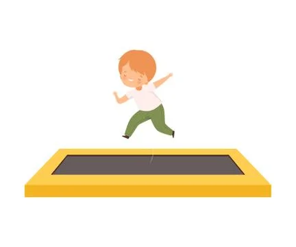 Cute Boy Bouncing on a Trampoline, Happy Kid Trampolining and Having Fun, Active Stock Illustration