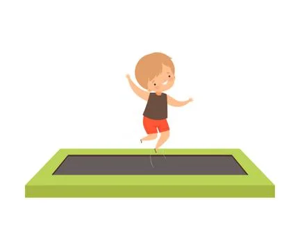 Cute Boy Bouncing on a Trampoline of Rectangular Shape, Happy Kid Trampolining Stockillustratie