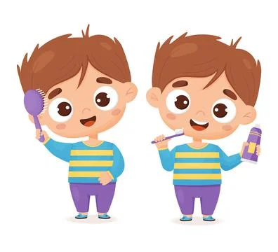 Cute boy brushes her teeth and combs her hair with comb. Concept of hygiene.. Stock Illustration