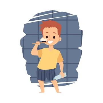 Cute boy brushing his teeth with toothpaste flat vector illustration isolated. Stock Illustration