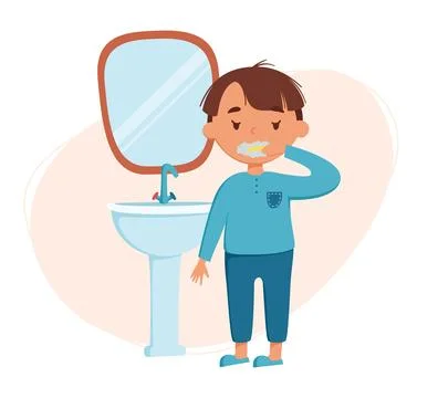 Cute boy brushing teeth vector illustration. Daily routine. Schedule. Illus.. Stock Illustration
