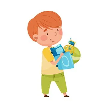 Cute Boy Carrying Pile of Different Toys in Playroom Vector Illustration Illustrazione stock