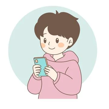 Cute Boy Cartoon Character Playing Gadget with Smile Expression Stock Illustration
